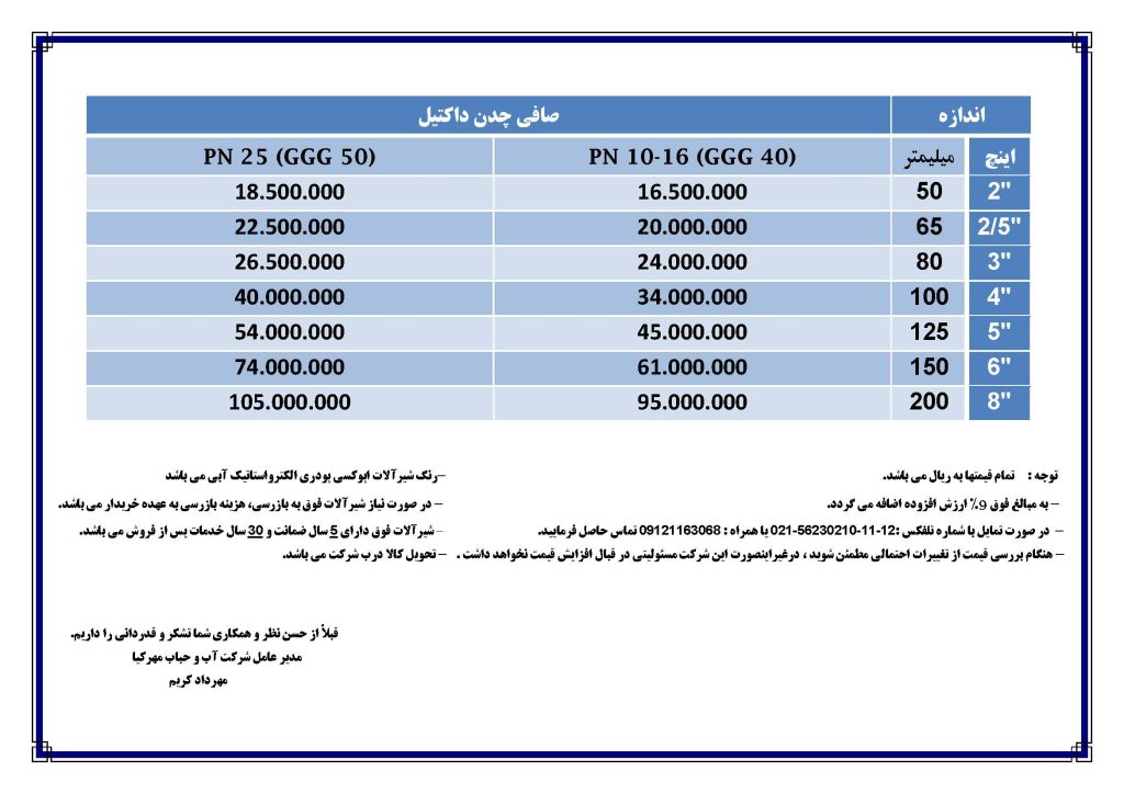 لیست قیمت تکی صافی چدن داکتیل در صورت نیاز با شماره تلفن 09121163068 تماس بگیرید